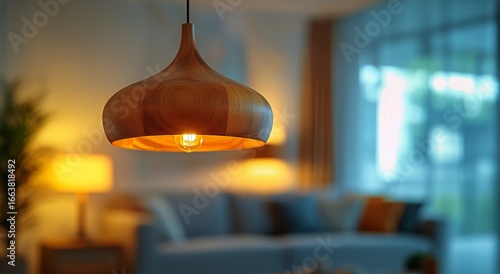Warm Wooden Pendant Light Enhances Modern Living Room Ambiance During Evening...