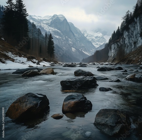 Majestic Mountains Surround a Serene River With Scattered Rocks and Snow on a...