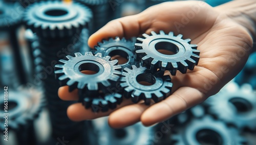 Close up of Hand Holding Various Gears in a Mechanical Workshop Setting