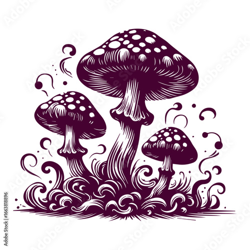 Three Magical Mushrooms in a Stylized Woodcut Illustration