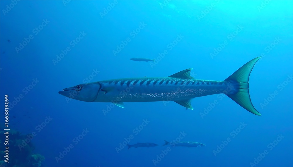 Obraz premium A sizable, streamlined fish, with a distinctive striped pattern, glides gracefully through the deep blue ocean.