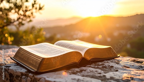 An ancient book resting on a stone table, softly illuminated by natural light