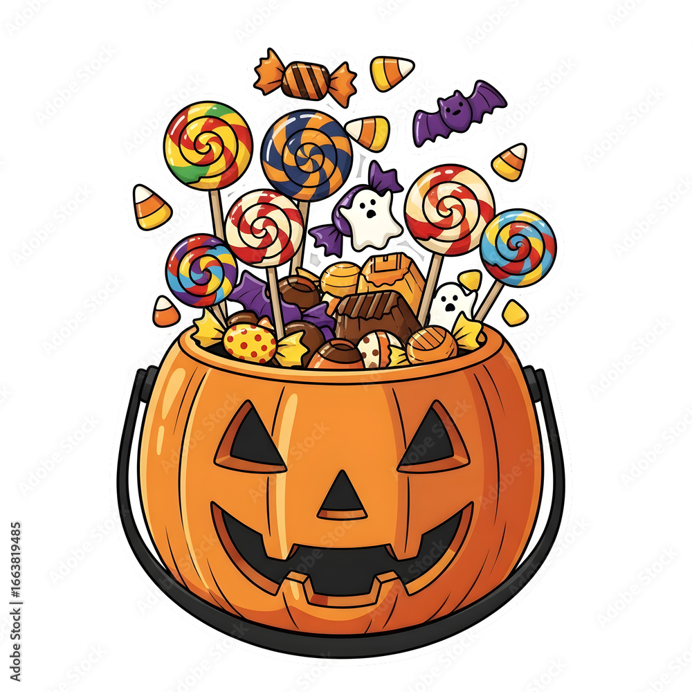 Fototapeta premium A cartoon jack-o'-lantern candy bucket overflowing with a variety of colorful Halloween sweets and treats.