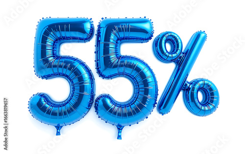 55 percent isolated on white background. blue 55% percent of. Special offer discount. Blue 55% Number 3d render. blue balloon number 3d rendering. sign for marketing, sales, discounts, promotions