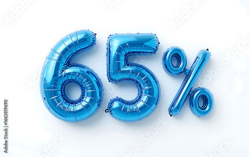 65 percent isolated on white background. blue 65% percent of. Special offer discount. Blue 65% Number 3d render. blue balloon number 3d rendering. sign for marketing, sales, discounts, promotions