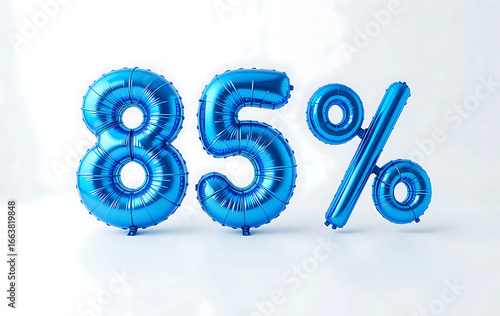 85 percent isolated on white background. blue 85% percent of. Special offer discount. Blue 85% Number 3d render. blue balloon number 3d rendering. sign for marketing, sales, discounts, promotions