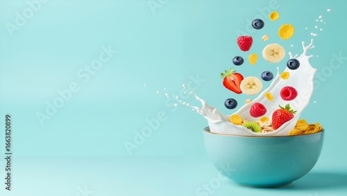 A vibrant and healthy breakfast concept featuring fresh berries and fruits falling into a bowl of cereal with a dynamic milk splash on a blue background