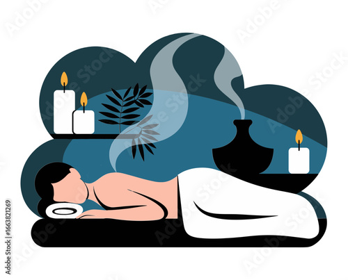 Vector art of person receiving a relaxing spa massage with candles and aromatherapy, promoting wellness and serenity
