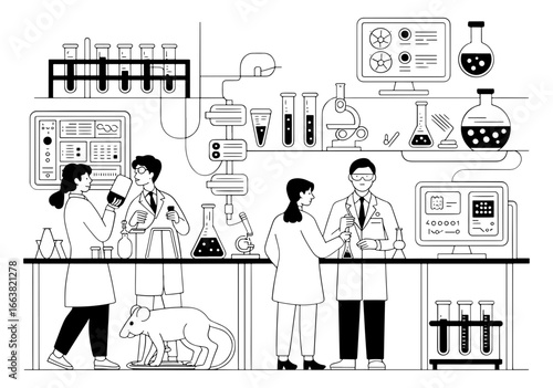 Vector art of scientists conducting research and experiments in a modern laboratory with advanced scientific equipment and technology