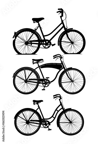 Vector art of three bicycles of different styles, one with flat tires, isolated on a
