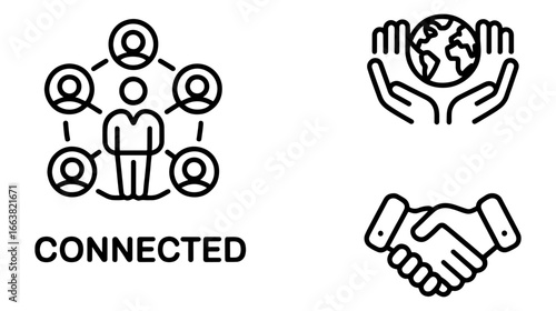 Vector art of connected people network icon with global connection and handshake