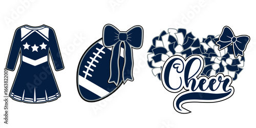 Cheerleader And Football. Vector items of Dark Blue and Grey pom-pom, Cheerleader Uniform and Bow and Football