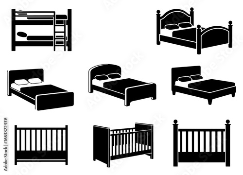 Vector art of collection of various bed silhouettes including bunk beds, cribs, and standard beds, isolated on a