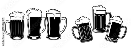 Vector art of collection of dark beer mugs with frothy foam