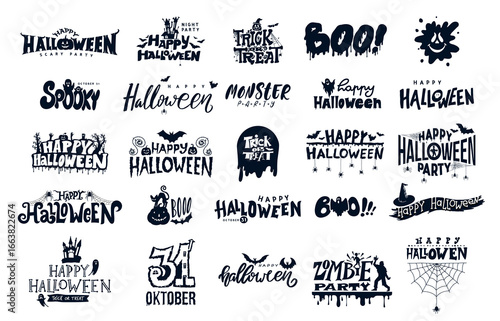 Happy Halloween Lettering. Big set of design elements silhouettes black icon and character Halloween lettering. Hand drawn vector, creepy and spooky elements for decorations, sketch, icon, sticker.