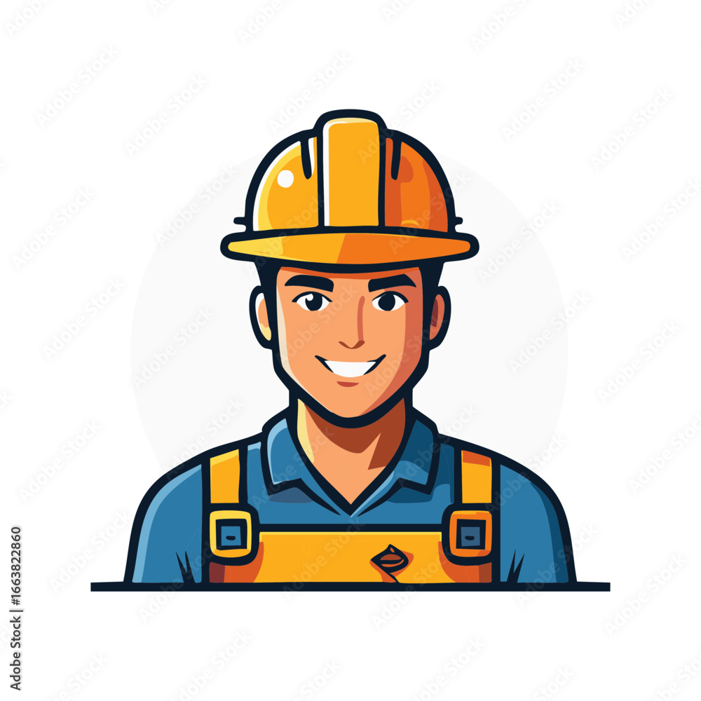 Fototapeta premium Smiling Construction Worker Illustration Wearing Hard Hat and Overalls Cartoon Style