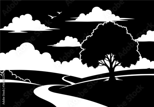 Vector art of a winding road leads through rolling hills towards a large tree under a cloudy sky, black and white illustration
