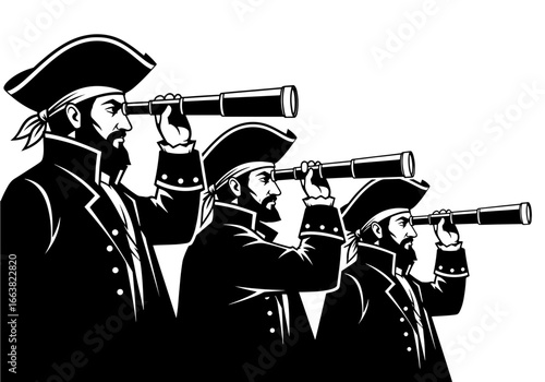 Vector art of three pirates in historical attire look through telescopes, searching the horizon for adventure, black and white illustration