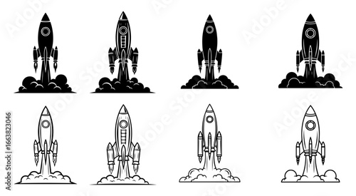 Vector art of set of rocket launch silhouettes in various styles, symbolizing space exploration, technology, and future endeavors