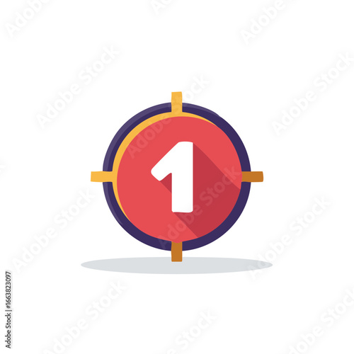 Number one icon with flat design in a round target element for scoring apps and success ratings
