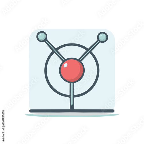 Abstract design with central red sphere, surrounding circle, and teal end spheres.