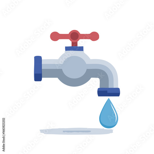 Leaking Faucet with Water Drop Flat Vector Illustration. Plumbing and Water Conservation Concepts.