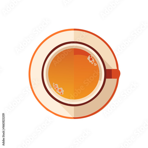 Flat lay vector illustration of a cup of tea in an orange colored saucer, minimal concept for tea time or beverages.