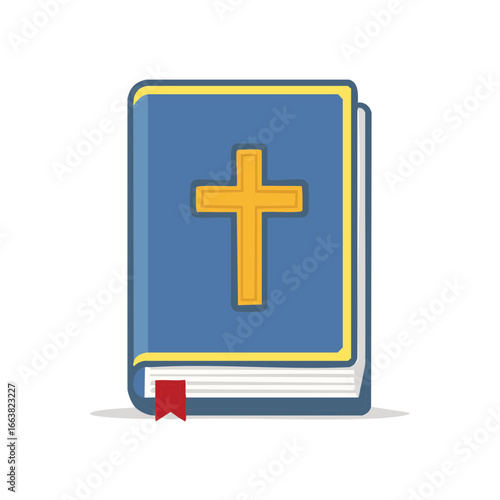 Illustration of a closed blue Holy Bible with a gold cross and a red bookmark