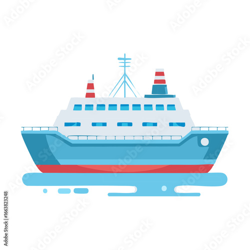Cartoon style cruise ship floating on abstract blue water waves illustration