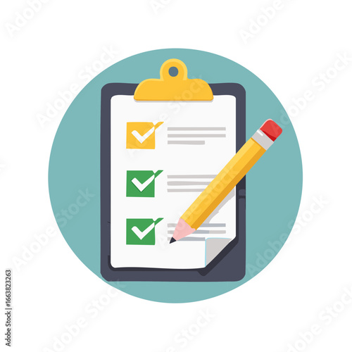 Checklist with Pencil on Clip Board Completed Task Management Illustration
