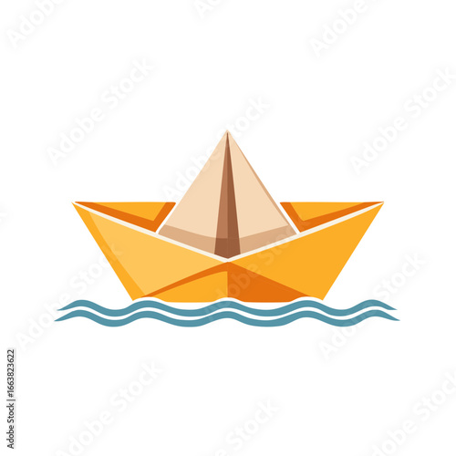 Paper Boat on Water, Yellow Origami Craft, Nautical Toy, Childlike Shapes, Artistic Design, Childhood Memories, Nautical Vessel