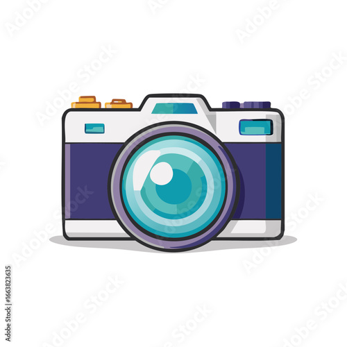 Illustration of a white and blue camera with a large lens, photography equipment