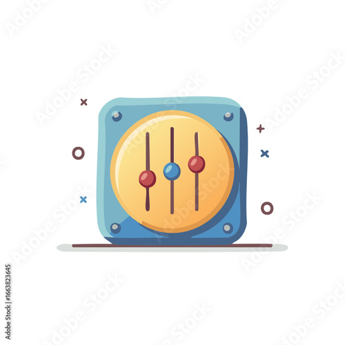 Graphic equalizer control panel illustration shows audio adjustments and settings with sliders and knobs