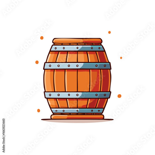 Cartoon Illustration of a Classic Wooden Barrel with Metal Hoops for Wine or Storage