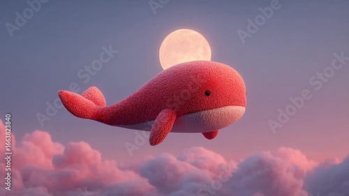 A whimsical, plush pink whale floats through a pastel-colored sky at dusk, with a large moon in view.