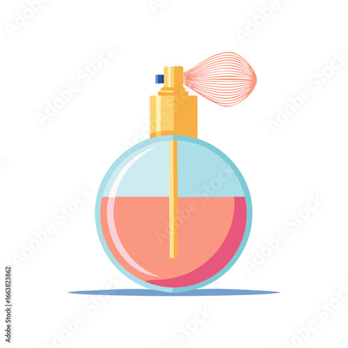 Illustration of Round Glass Perfume Bottle with Atomizer and Liquid Inside
