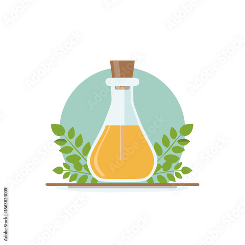 Herbal Elixir in Glass Bottle with Cork, Nature's Remedy, and Green Leaves