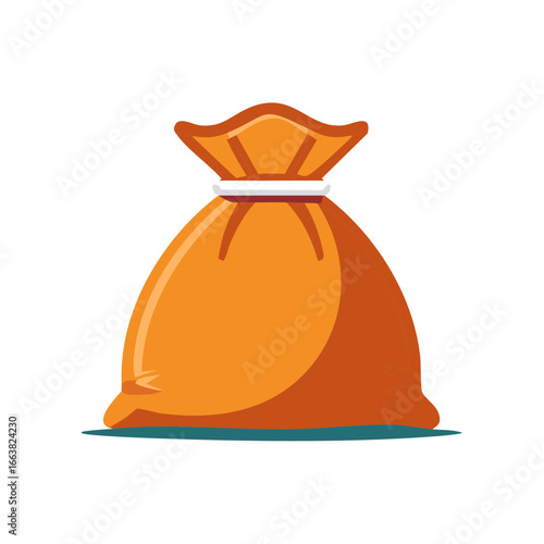 Illustrative orange sack with white ribbon tie, cartoon style bag overflowing with content, graphic treasure pouch