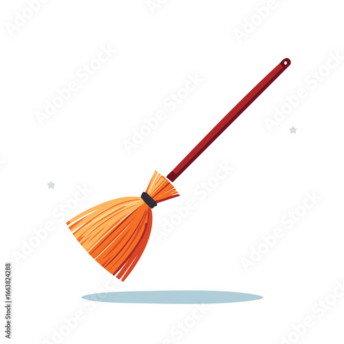 Illustration of a Simple Broom with Wooden Handle and Orange Straw Bristles
