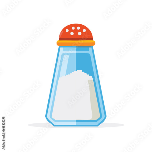 Cartoon style glass salt shaker filled with white powder illustration, red perforated lid
