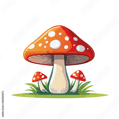 Vibrant red mushroom cluster with white spots growing in grass, cartoon style illustration