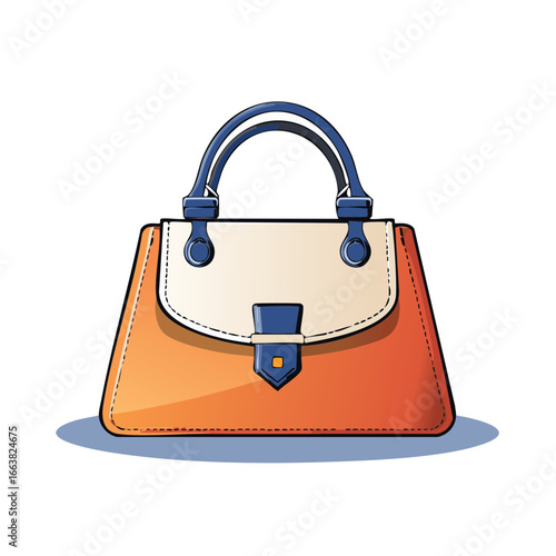 Elegant Woman's Handbag with Orange and Ivory Design Accented with Blue Handles and Closure Vector Illustration