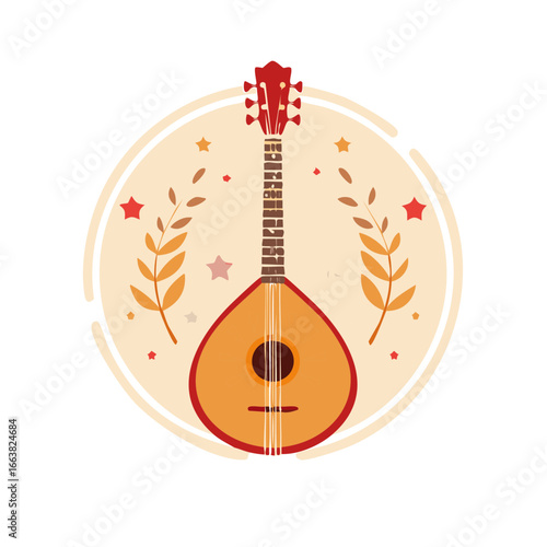 Mandolin Musical Instrument with Autumnal Leaves and Stars on Light Beige Circular Background