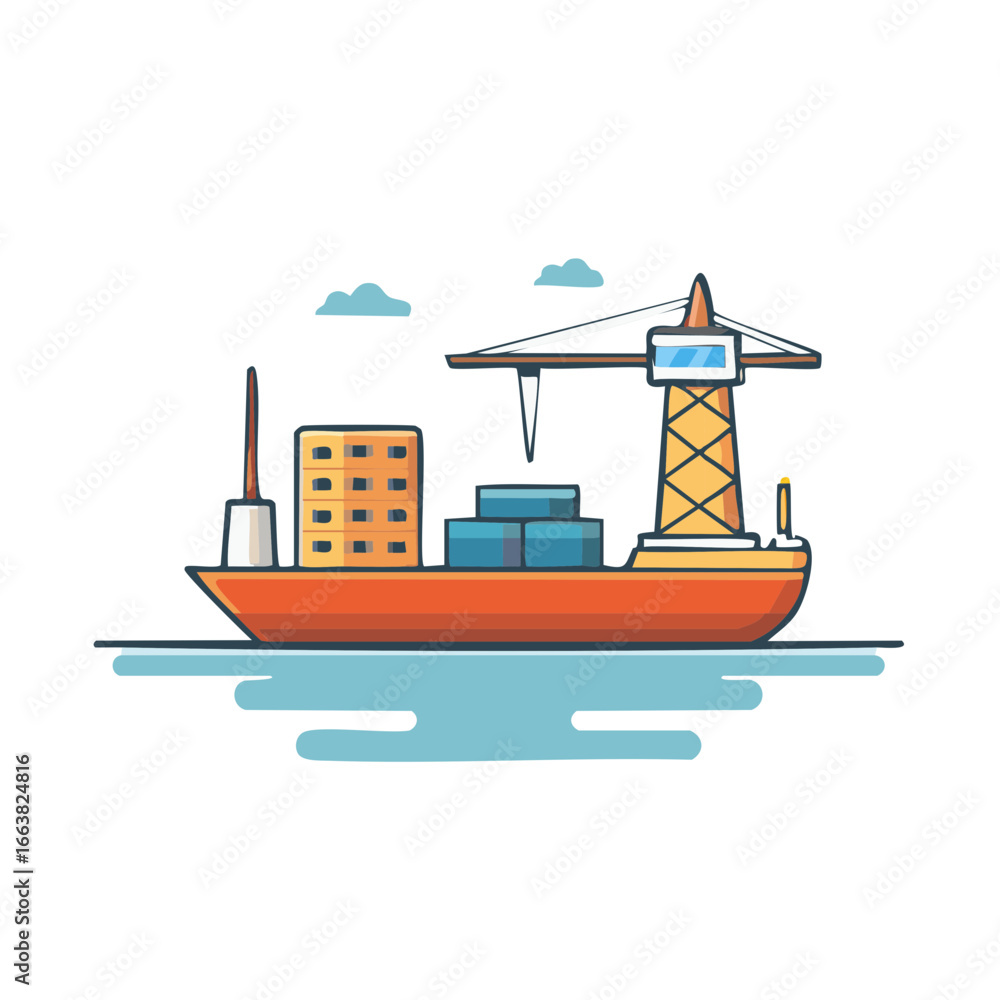 Obraz premium Cargo ship carrying containers with a crane, illustration for shipping and logistics