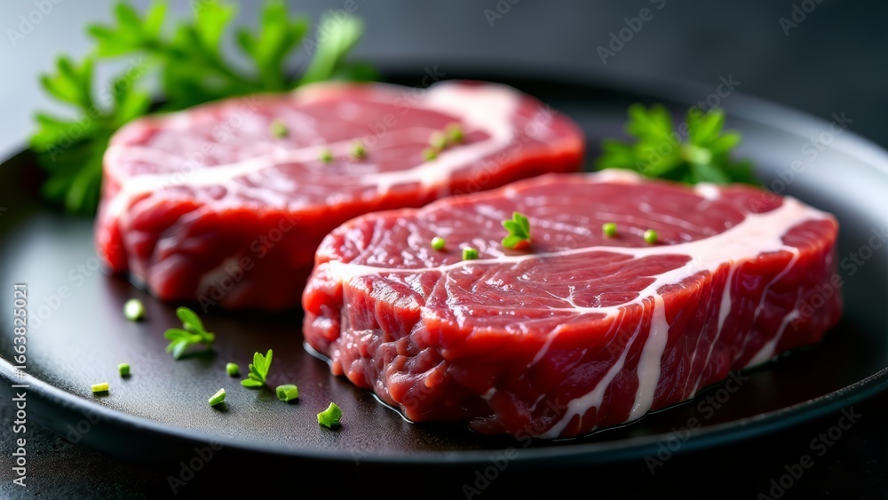 Two raw beef steaks on black plate Two raw beef steaks on black plate
