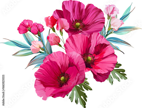 Beautiful vector bouquet of flowers. Summer and spring bright flowers. Blossom and flowers for decoration