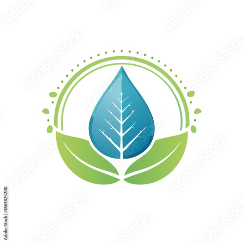 Modern nature logo with water droplet and leaves, ecology and environment concept