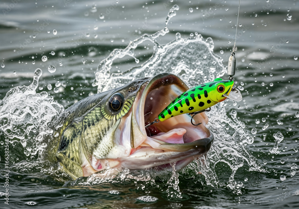 Obraz premium A large bass jumping out of the water with a fishing lure in its mouth, capturing the excitement and dynamism of a sport fishing catch.