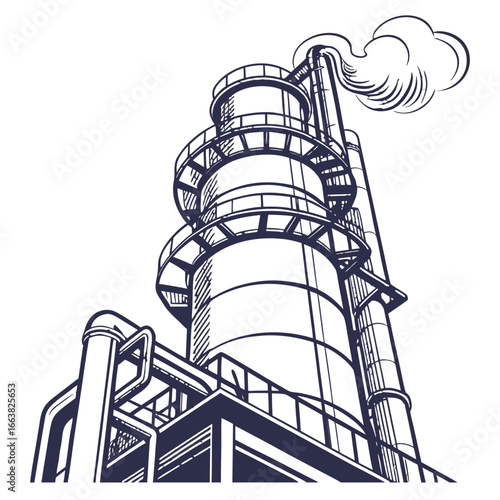 A tall industrial factory with a smokestack is emitting smoke isolated on white background