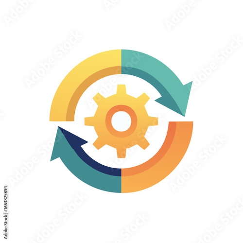 Circular arrows rotating around a gear. Process illustration and workflow automation.
